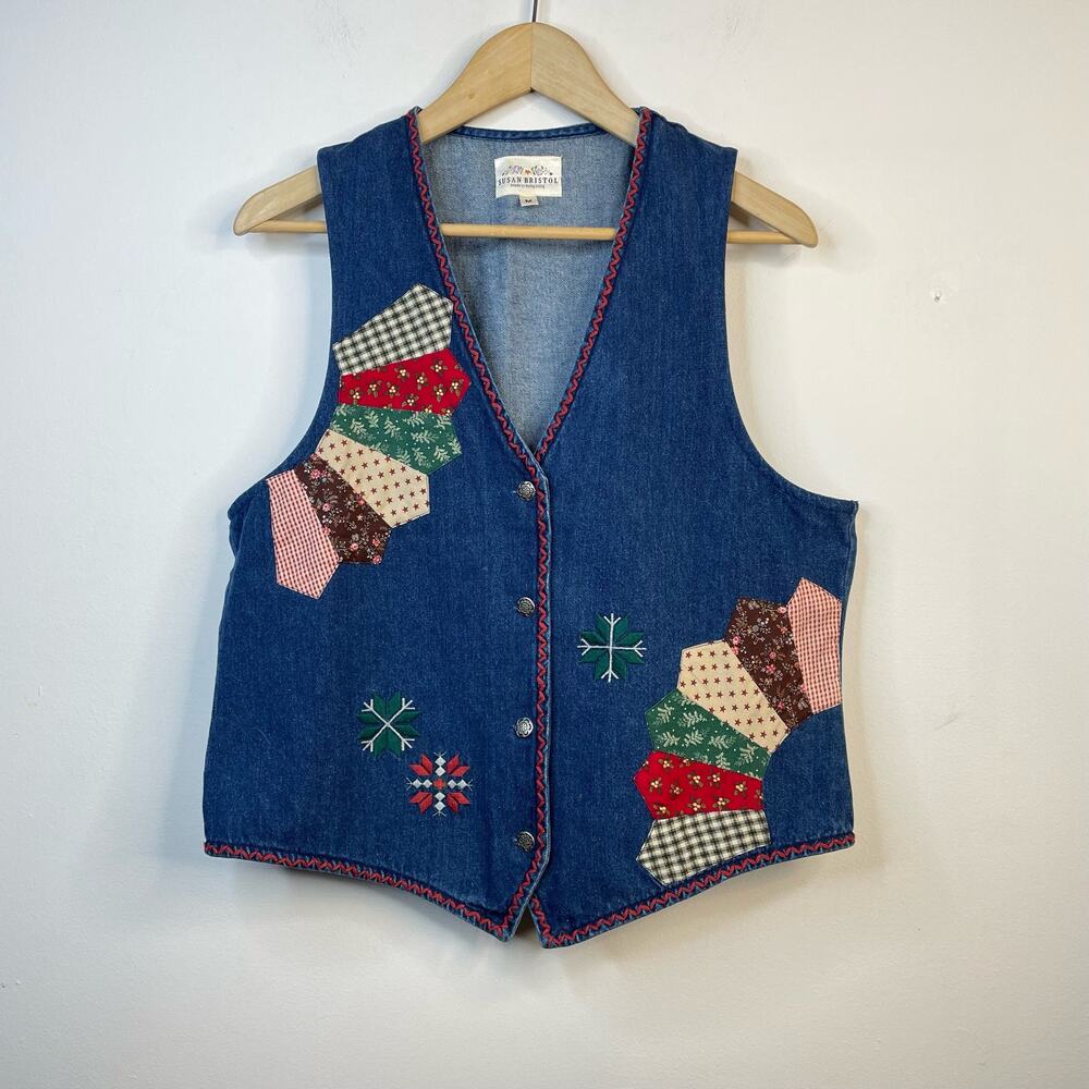 Susan Bristol Vintage Patchwork Embroidered Denim Boho Western Country Vest M